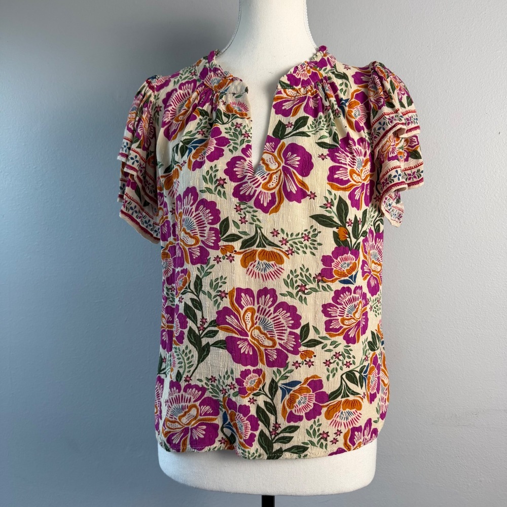 Nicole Miller Artelier Floral Ruffle Sleeve Blouse Purple Orange Top Large